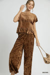 Chocolate Velvet Smocked Cropped Wide Leg Pants-Chocolate velvet cropped wide leg pants with a smocked waistband. Luxe boho-chic style perfect for day-to-night outfits and effortless women’s fashion.-Reef Love