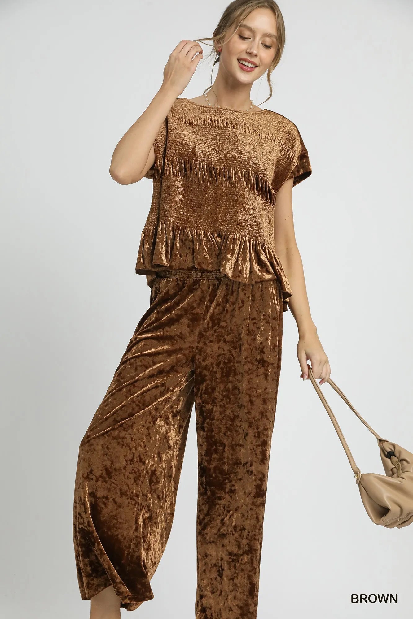 Chocolate Velvet Smocked Cropped Wide Leg Pants-Chocolate velvet cropped wide leg pants with a smocked waistband. Luxe boho-chic style perfect for day-to-night outfits and effortless women’s fashion.-Reef Love