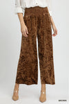 Chocolate Velvet Smocked Cropped Wide Leg Pants-Chocolate velvet cropped wide leg pants with a smocked waistband. Luxe boho-chic style perfect for day-to-night outfits and effortless women’s fashion.-Reef Love