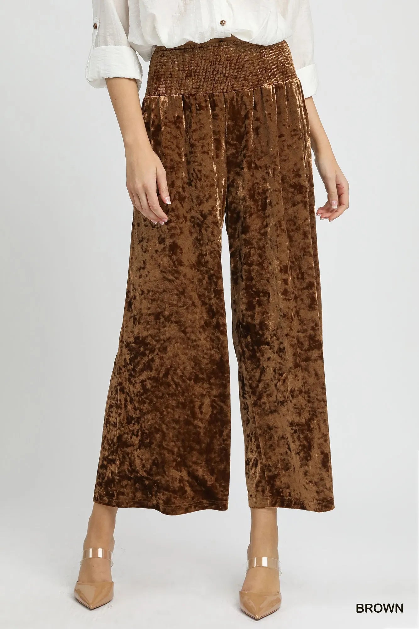 Chocolate Velvet Smocked Cropped Wide Leg Pants-Chocolate velvet cropped wide leg pants with a smocked waistband. Luxe boho-chic style perfect for day-to-night outfits and effortless women’s fashion.-Reef Love