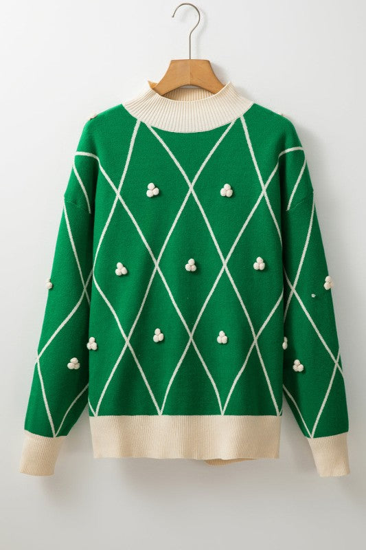 Christmas Geometric Diamond Pom Sweater-Reef Love