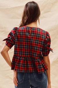 Christmas Holiday Plaid Ribbon Short Sleeves Blouse