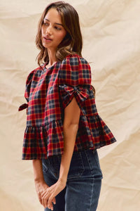 Christmas Holiday Plaid Ribbon Short Sleeves Blouse