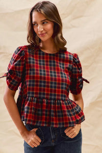 Christmas Holiday Plaid Ribbon Short Sleeves Blouse