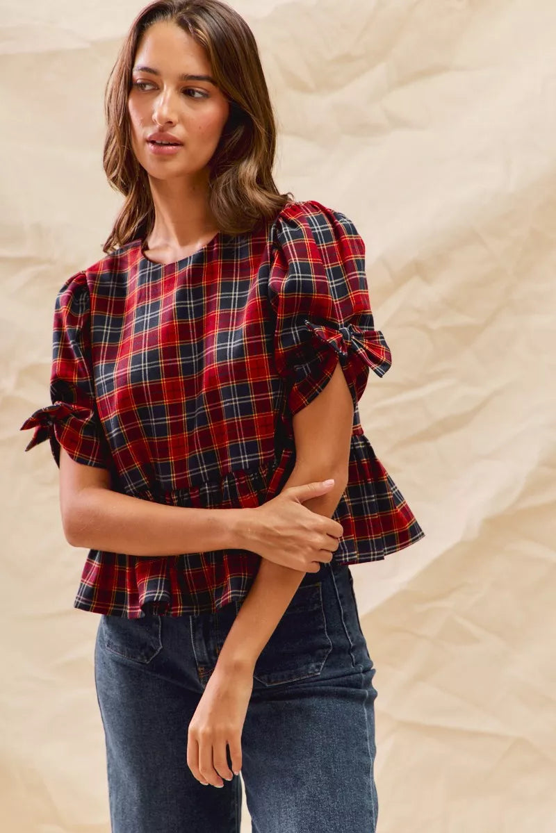 Christmas Holiday Plaid Ribbon Short Sleeves Blouse