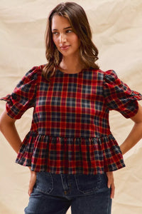Christmas Holiday Plaid Ribbon Short Sleeves Blouse