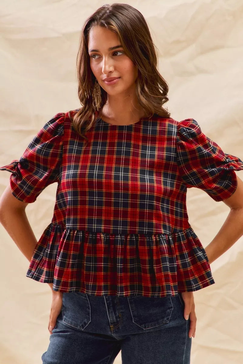 Christmas Holiday Plaid Ribbon Short Sleeves Blouse