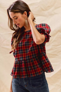 Christmas Holiday Plaid Ribbon Short Sleeves Blouse