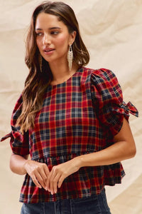 Christmas Holiday Plaid Ribbon Short Sleeves Blouse