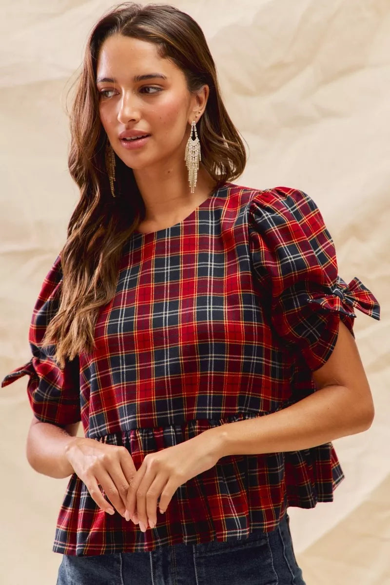 Christmas Holiday Plaid Ribbon Short Sleeves Blouse