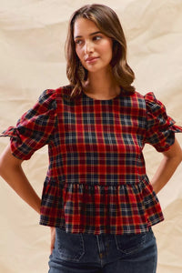 Christmas Holiday Plaid Ribbon Short Sleeves Blouse