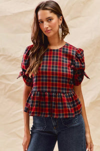 Christmas Holiday Plaid Ribbon Short Sleeves Blouse