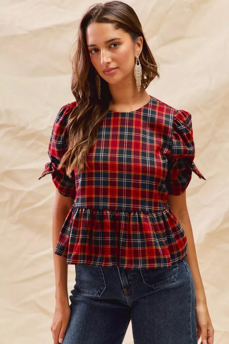 Christmas Holiday Plaid Ribbon Short Sleeves Blouse