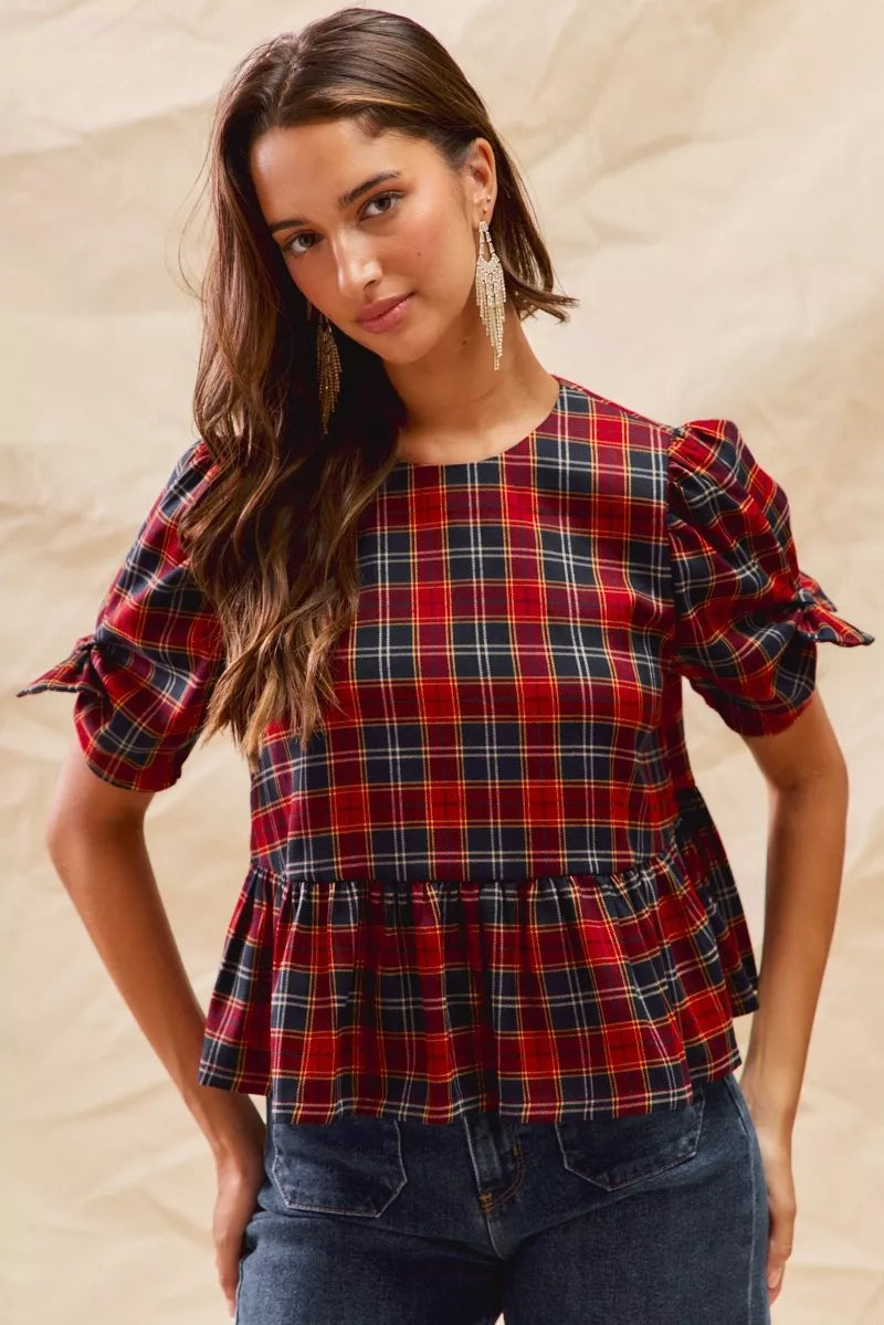 Christmas Holiday Plaid Ribbon Short Sleeves Blouse