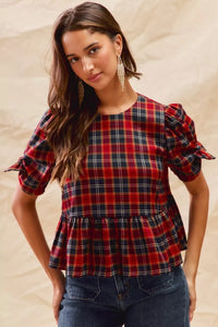 Christmas Holiday Plaid Ribbon Short Sleeves Blouse