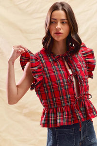 Christmas Holiday Plaid Ruffled Quilt Front Tie Top
