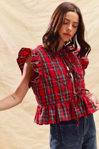 Christmas Holiday Plaid Ruffled Quilt Front Tie Top