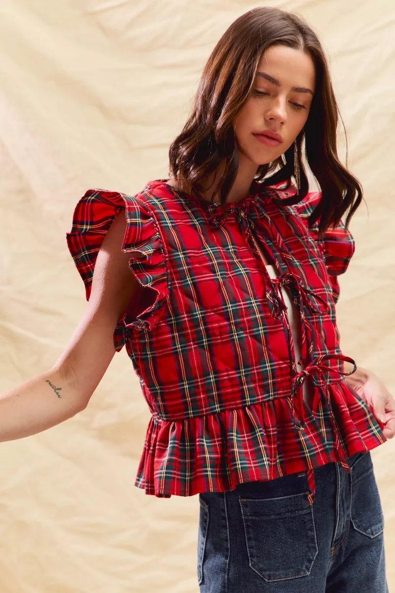 Christmas Holiday Plaid Ruffled Quilt Front Tie Top