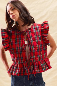 Christmas Holiday Plaid Ruffled Quilt Front Tie Top