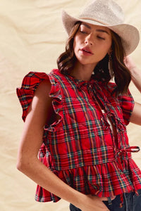 Christmas Holiday Plaid Ruffled Quilt Front Tie Top