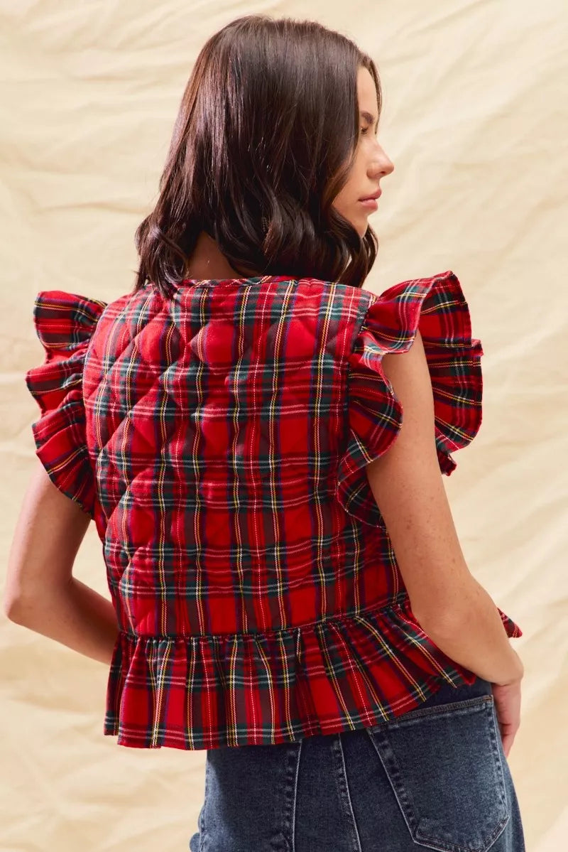 Christmas Holiday Plaid Ruffled Quilt Front Tie Top