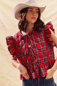 Christmas Holiday Plaid Ruffled Quilt Front Tie Top