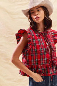 Christmas Holiday Plaid Ruffled Quilt Front Tie Top