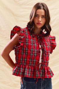 Christmas Holiday Plaid Ruffled Quilt Front Tie Top