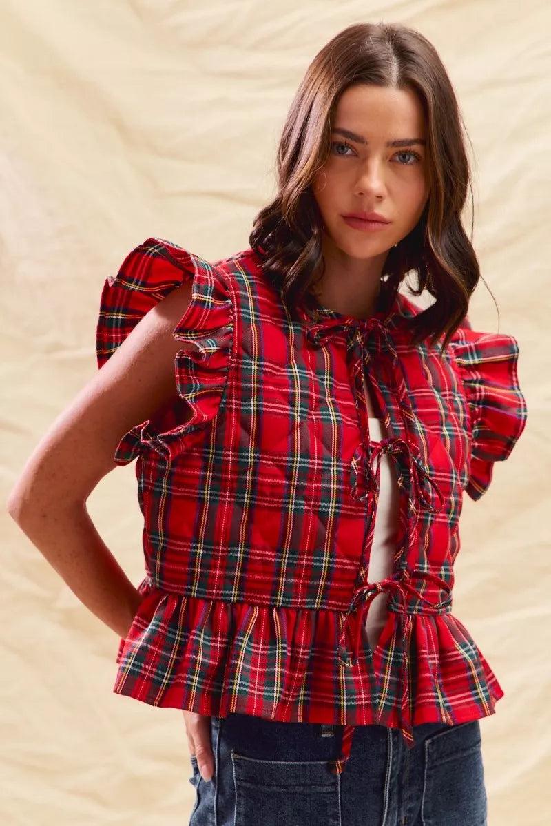 Christmas Holiday Plaid Ruffled Quilt Front Tie Top