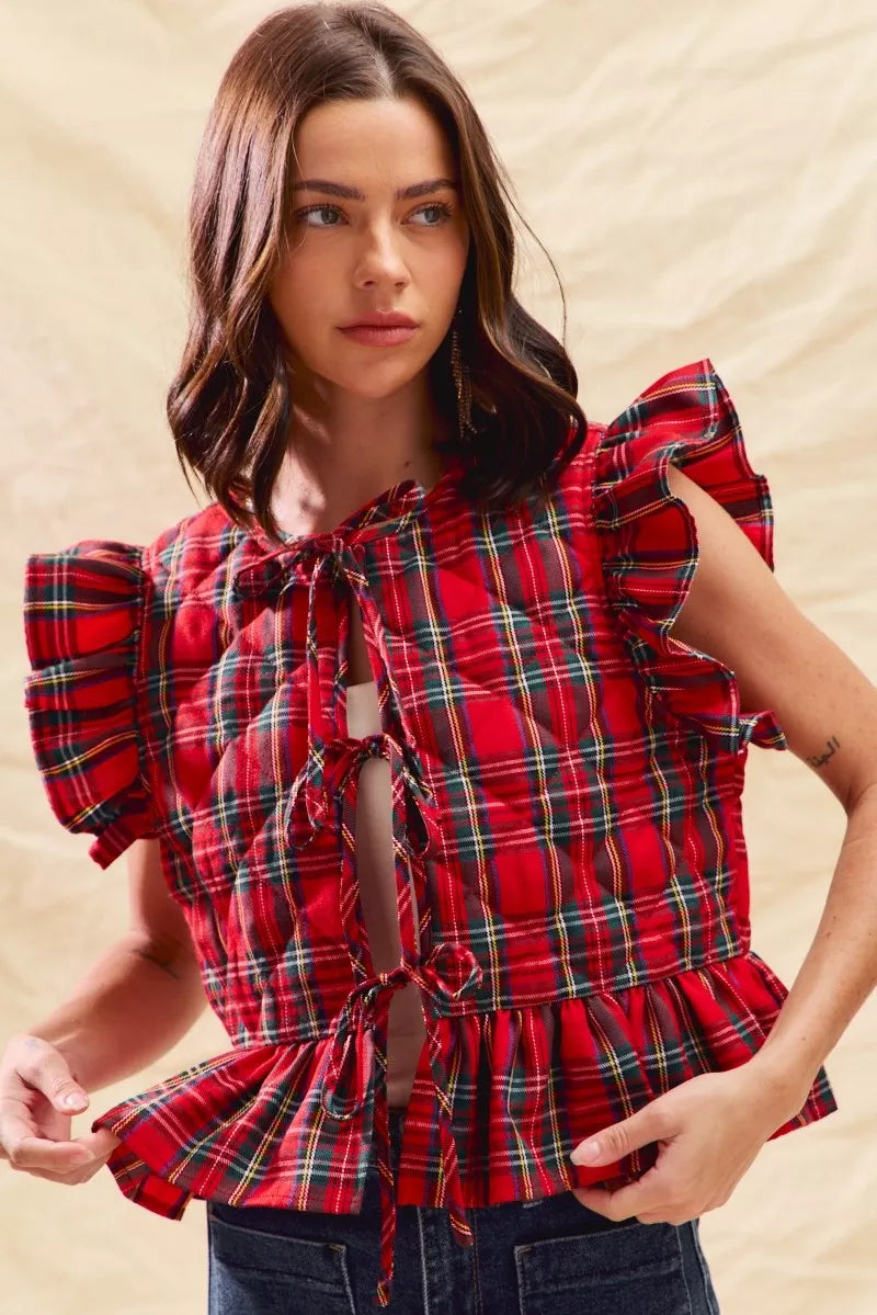 Christmas Holiday Plaid Ruffled Quilt Front Tie Top