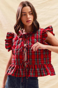 Christmas Holiday Plaid Ruffled Quilt Front Tie Top