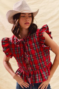 Christmas Holiday Plaid Ruffled Quilt Front Tie Top