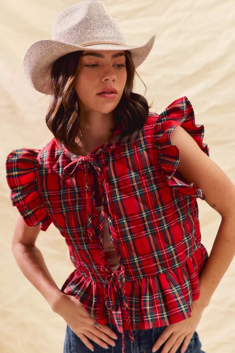 Christmas Holiday Plaid Ruffled Quilt Front Tie Top