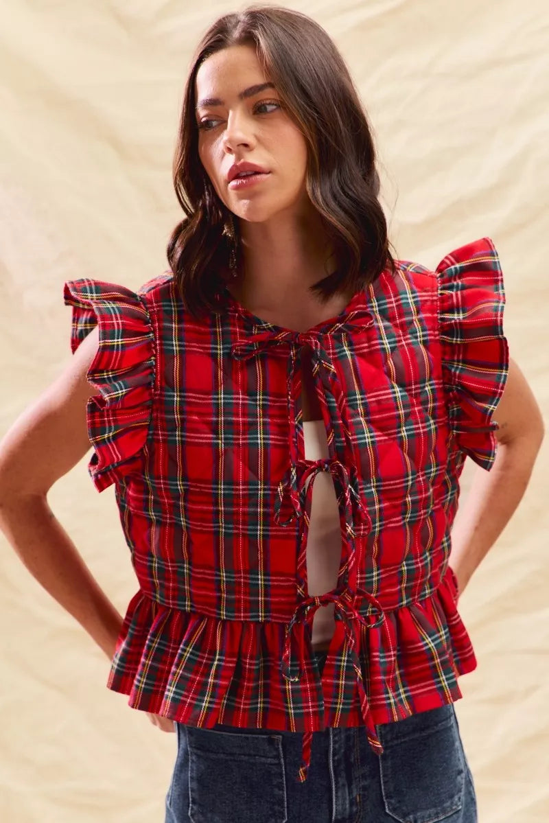 Christmas Holiday Plaid Ruffled Quilt Front Tie Top