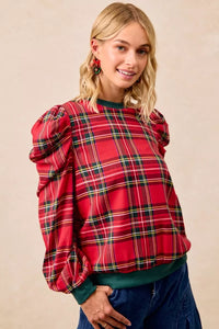 Christmas Plaid Exaggerated Shoulder Blouse