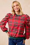 Christmas Plaid Exaggerated Shoulder Blouse