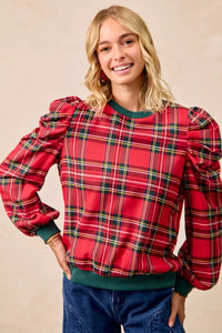 Christmas Plaid Exaggerated Shoulder Blouse