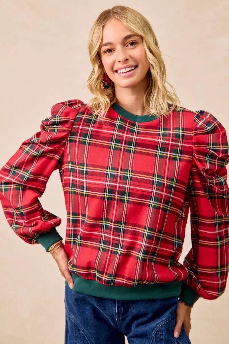 Christmas Plaid Exaggerated Shoulder Blouse