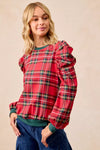 Christmas Plaid Exaggerated Shoulder Blouse