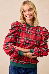 Christmas Plaid Exaggerated Shoulder Blouse