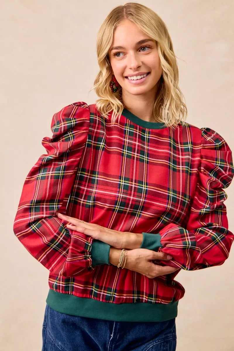 Christmas Plaid Exaggerated Shoulder Blouse
