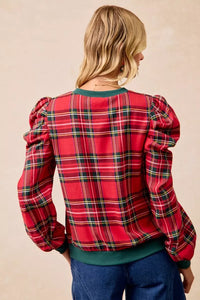 Christmas Plaid Exaggerated Shoulder Blouse