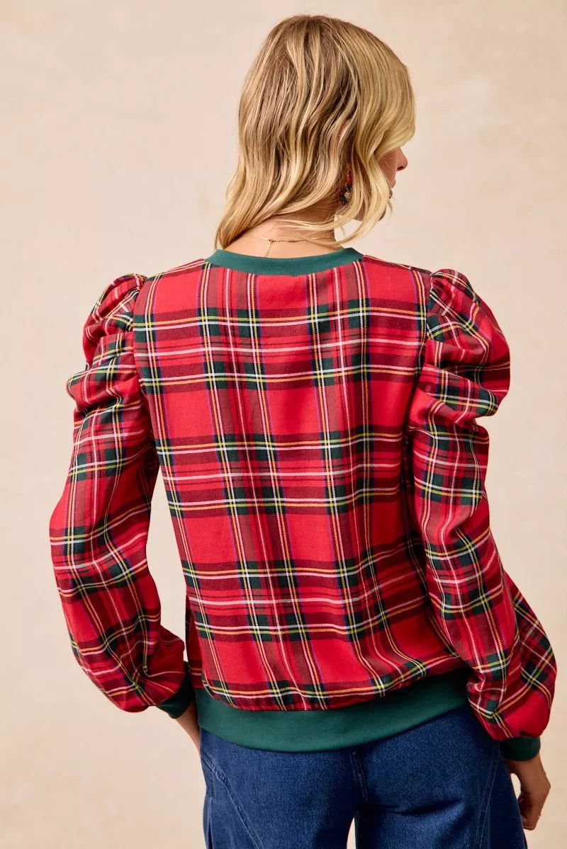 Christmas Plaid Exaggerated Shoulder Blouse