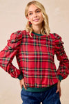 Christmas Plaid Exaggerated Shoulder Blouse