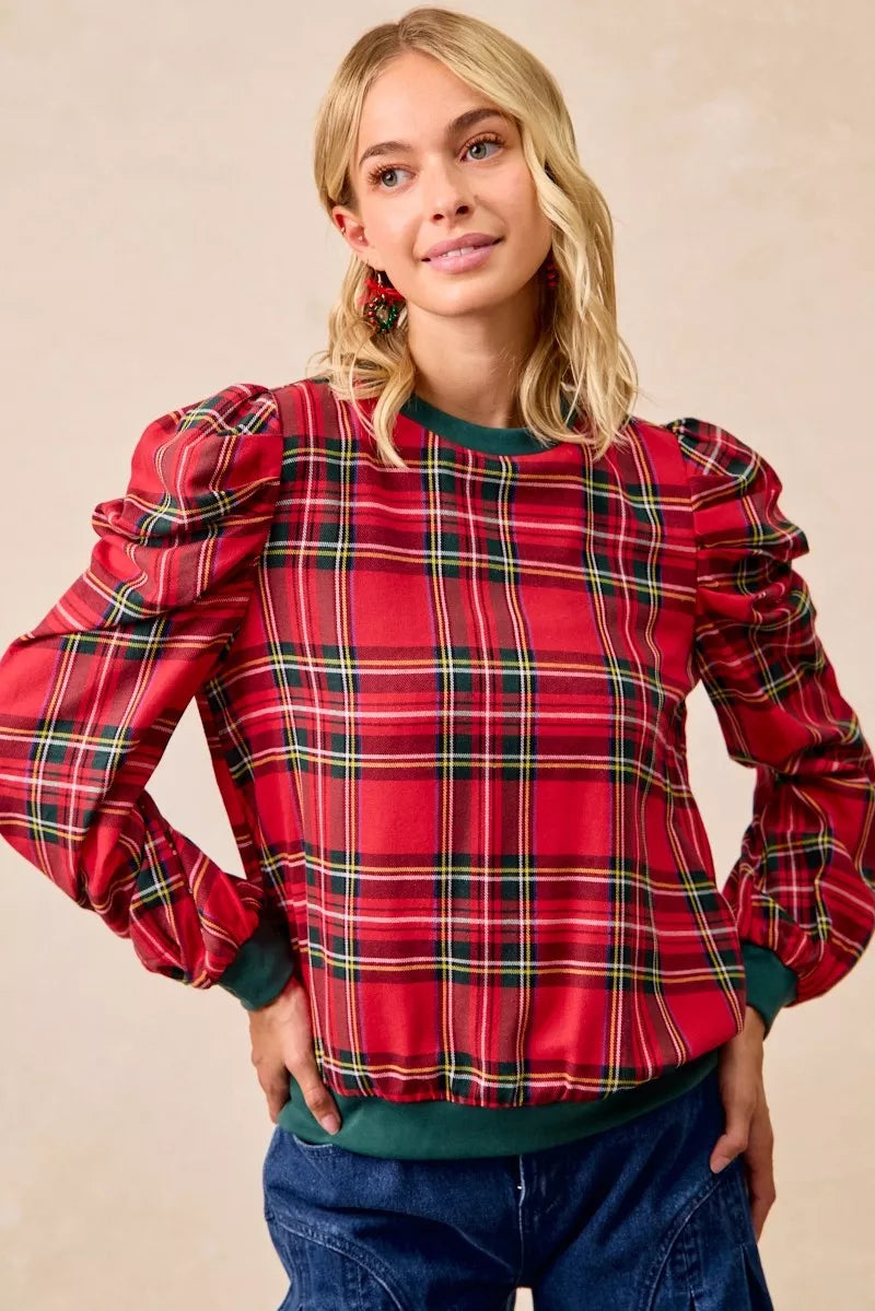 Christmas Plaid Exaggerated Shoulder Blouse