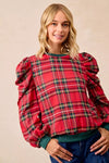 Christmas Plaid Exaggerated Shoulder Blouse