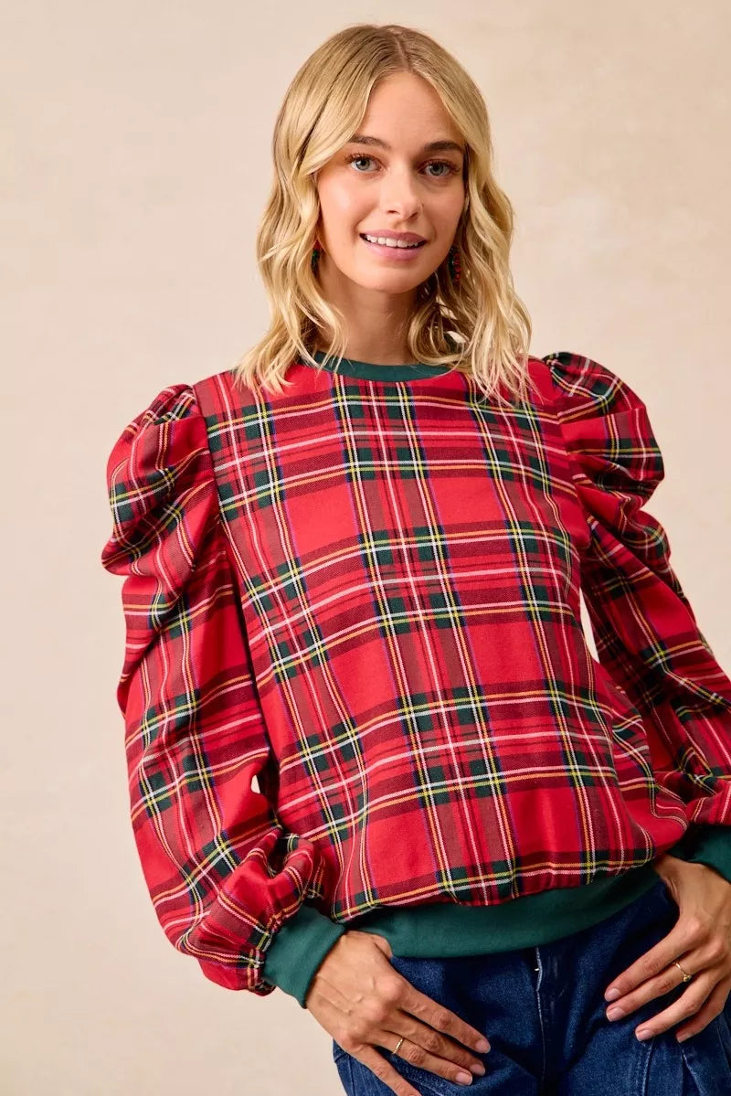 Christmas Plaid Exaggerated Shoulder Blouse