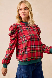 Christmas Plaid Exaggerated Shoulder Blouse