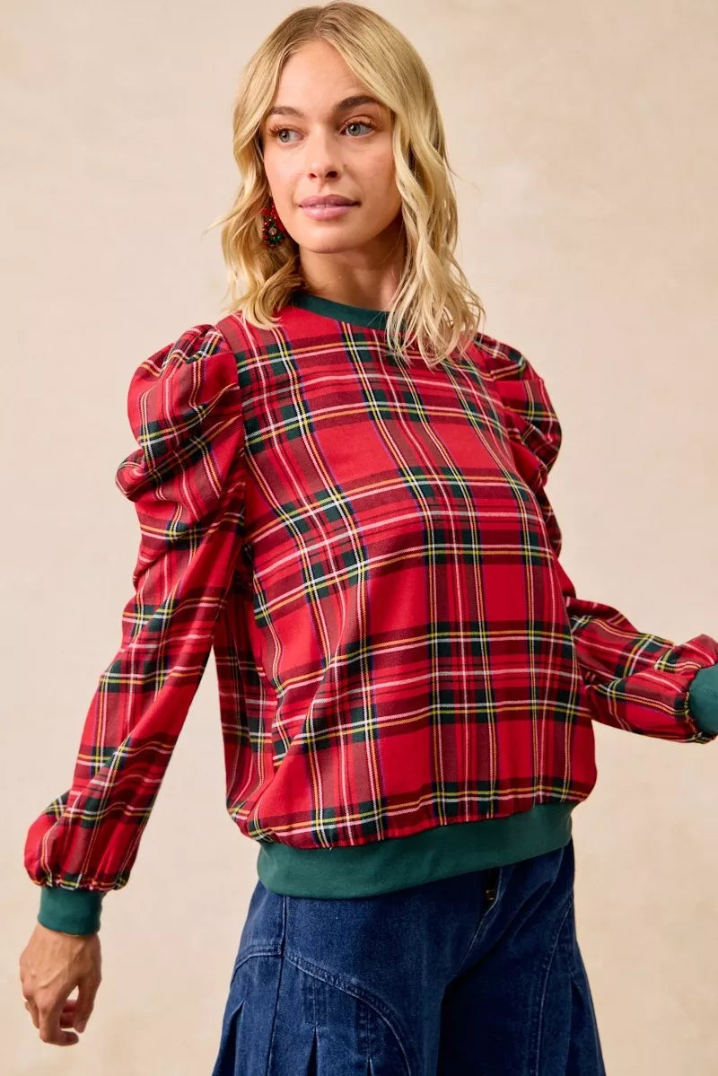 Christmas Plaid Exaggerated Shoulder Blouse