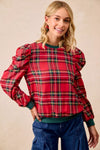 Christmas Plaid Exaggerated Shoulder Blouse